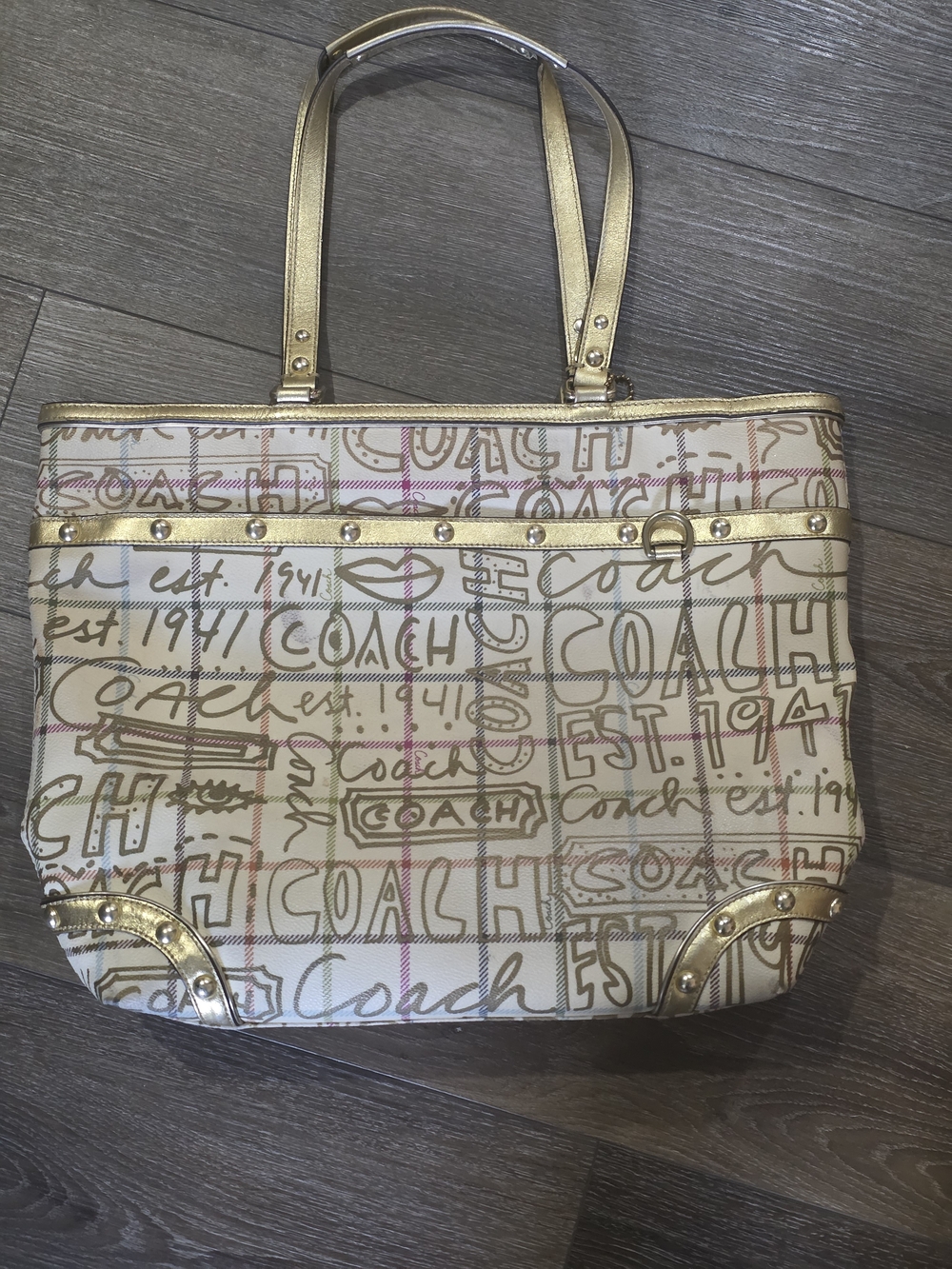 Coach Cream Signature Script Tote with Gold Trim